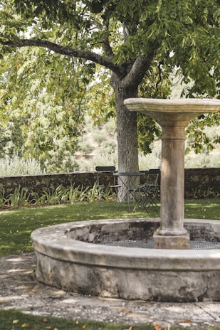 A serene garden corner used for mindful reflection, with a small fountain and comfortable seating.