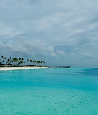 A serene tropical beach scene with calm turquoise waters stretching out under a partly cloudy sky. A small island is lined with tall palm trees on the left, while a series of overwater bungalows extends into the water.