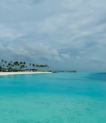 A serene tropical beach scene with calm turquoise waters stretching out under a partly cloudy sky. A small island is lined with tall palm trees on the left, while a series of overwater bungalows extends into the water.