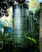 Two large, cylindrical, metallic water tanks stand amidst lush, green foliage. The tanks have a shiny, reflective surface and are partially obscured by leaves and branches. Sunlight filters through the canopy above, casting dappled light and shadows on the scene.