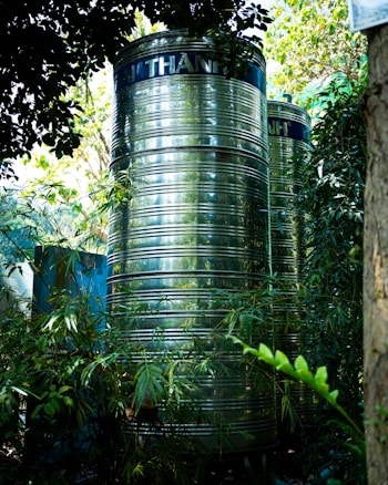 Two large, cylindrical, metallic water tanks stand amidst lush, green foliage. The tanks have a shiny, reflective surface and are partially obscured by leaves and branches. Sunlight filters through the canopy above, casting dappled light and shadows on the scene.