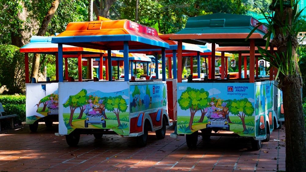 a colorful bus is parked on the side of the road