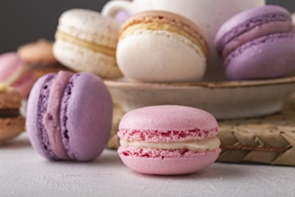 A selection of colorful macarons displayed elegantly.