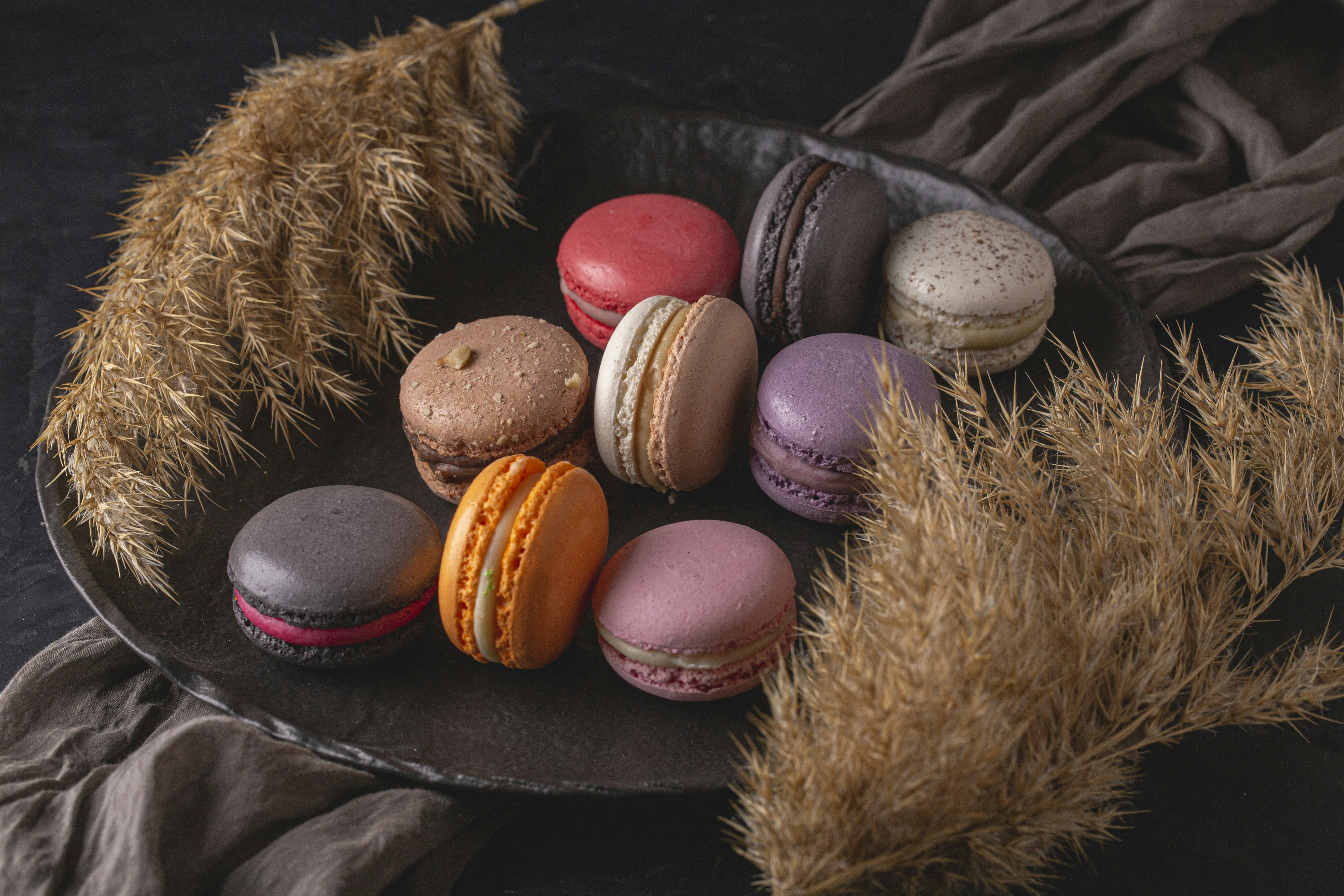 Dark plate of macarons with dried grasses