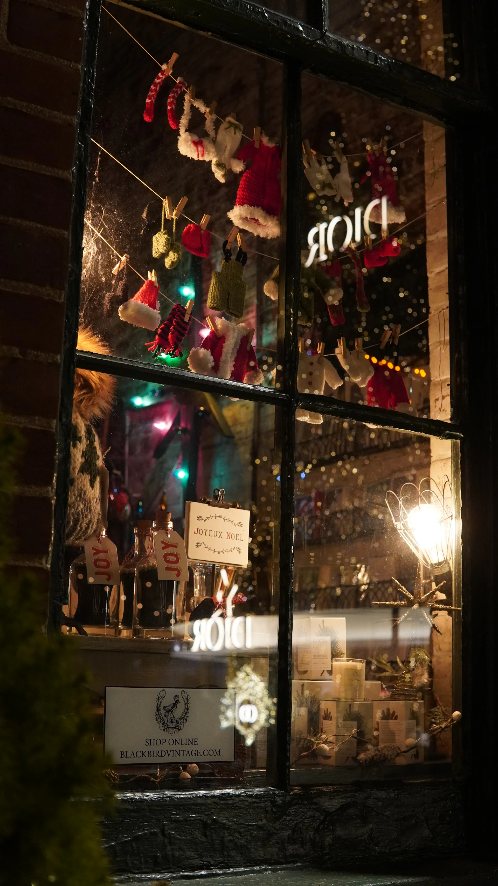 A vibrant storefront display featuring colorful seasonal decorations and creative lighting.