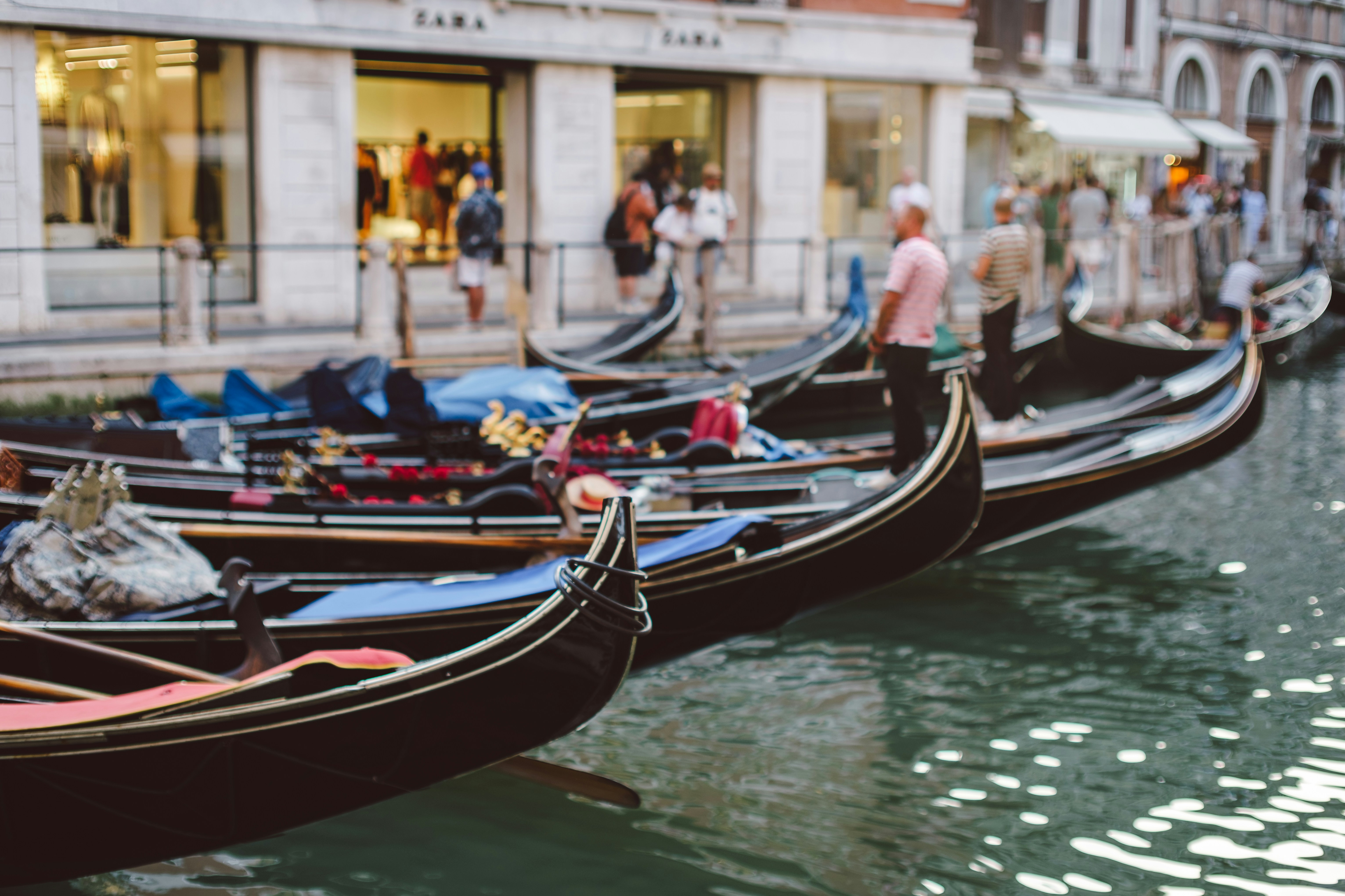 A row of gondolas in Venice