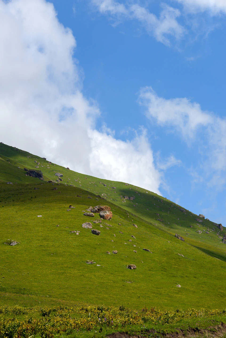 The image depicts a serene landscape with a lush green hillside dotted with rocks and boulders, under a clear blue sky with white clouds. The perspective is from below, looking up at the hill, giving a sense of scale and grandeur to the scene. In the distance, there are trees visible on the left side of the image, adding depth and complexity to the landscape.