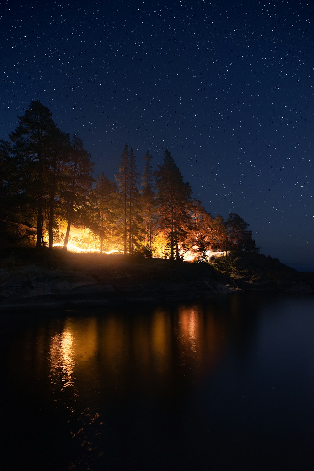 a night time view of a lake and trees