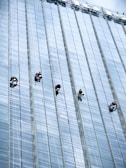Several workers are suspended on ropes, cleaning the windows of a tall, glass-covered skyscraper.