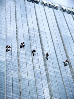 Several workers are suspended on ropes, cleaning the windows of a tall, glass-covered skyscraper.