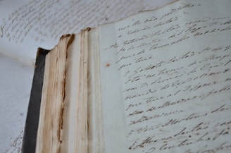 An aged, open book with handwritten text in flowing script lies on a surface. The pages are yellowed and worn, suggesting antiquity and frequent handling. The handwriting is elegant and cursive, adding a historic and personal touch.