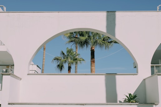 A modern white building with large arches frames palm trees against a clear blue sky. The architecture has clean, minimal lines, and plants are visible on the terrace.