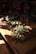A wooden table is adorned with various crafting supplies such as ribbons, small potted plants, cups, and decorative items. In the foreground, a bouquet wrapped in newspaper features greenery and vibrant red berries. The soft sunlight casts shadows and highlights the natural textures of the wood and plants, creating a cozy and warm atmosphere.