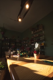 a wooden table with a potted plant on top of it