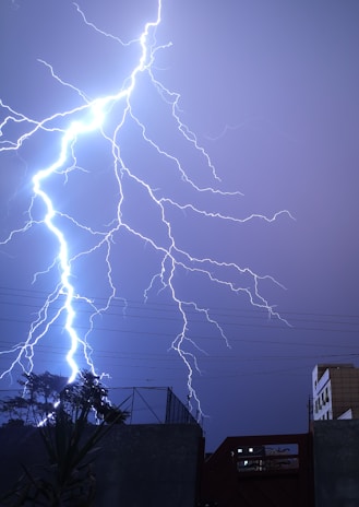 Bright and intense lightning strikes illuminate a dark, cloudy night sky, with the light reflecting off various surrounding objects such as a gate, building, and electric wires. Several trees and plants are visible in the foreground.