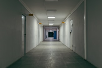 A somber, empty hospital corridor bathed in cold light, hinting at hidden stories.