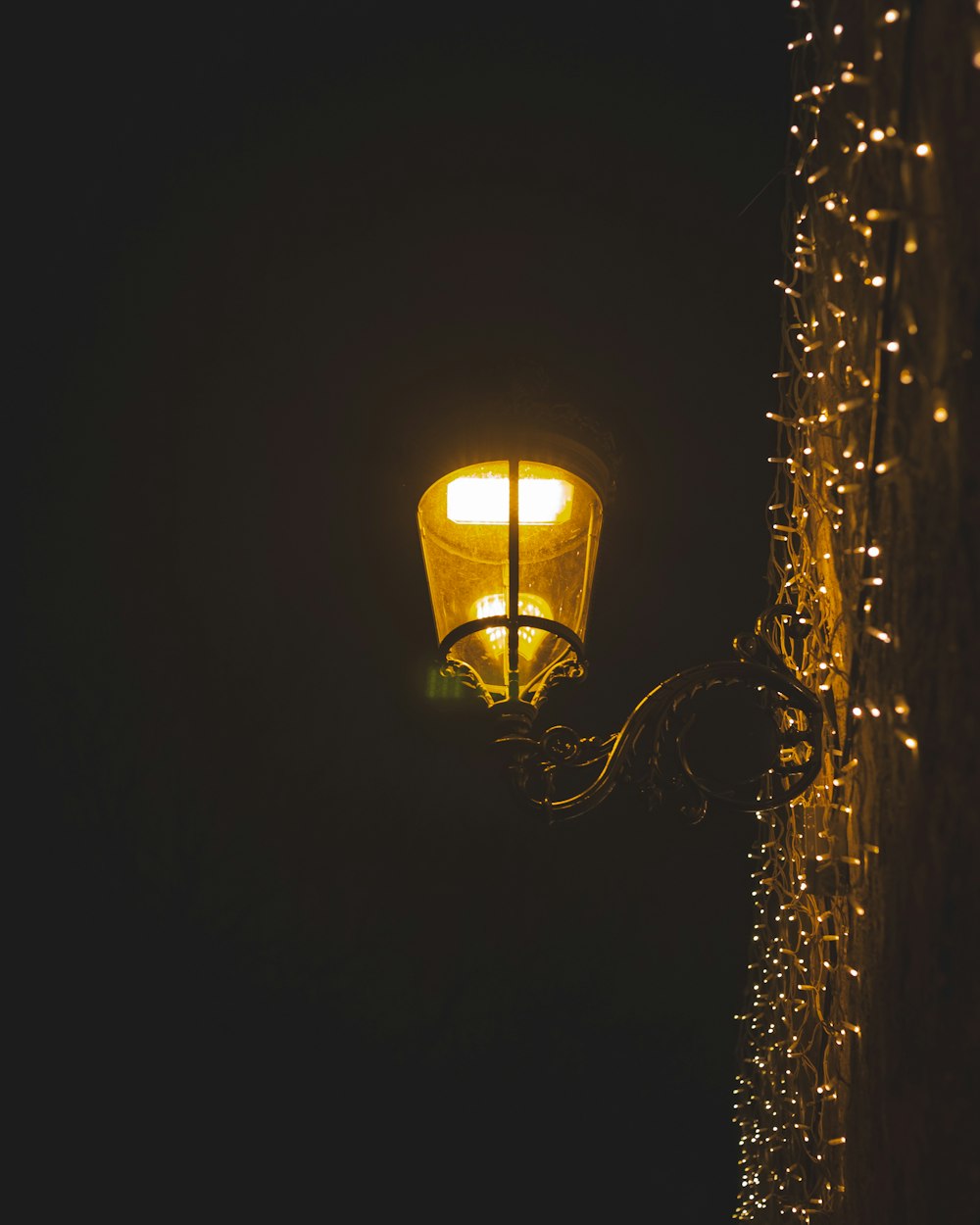 a street light is lit up in the dark