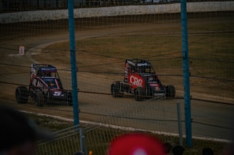 Two small racing cars are on a dirt track, enclosed by a high fencing. The cars are colorful and have various logos and sponsors on them. They are moving quickly around a bend in the track, with details of the track, fencing, and a caution sign visible. There are several spectators watching the race.