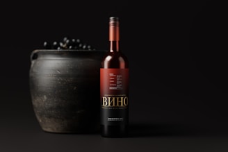 A bottle of wine with a dark red label stands upright next to a rustic, dark-colored ceramic pot filled with dark grapes. The background is a dark, muted color, highlighting the richness of the wine bottle and the grapes.