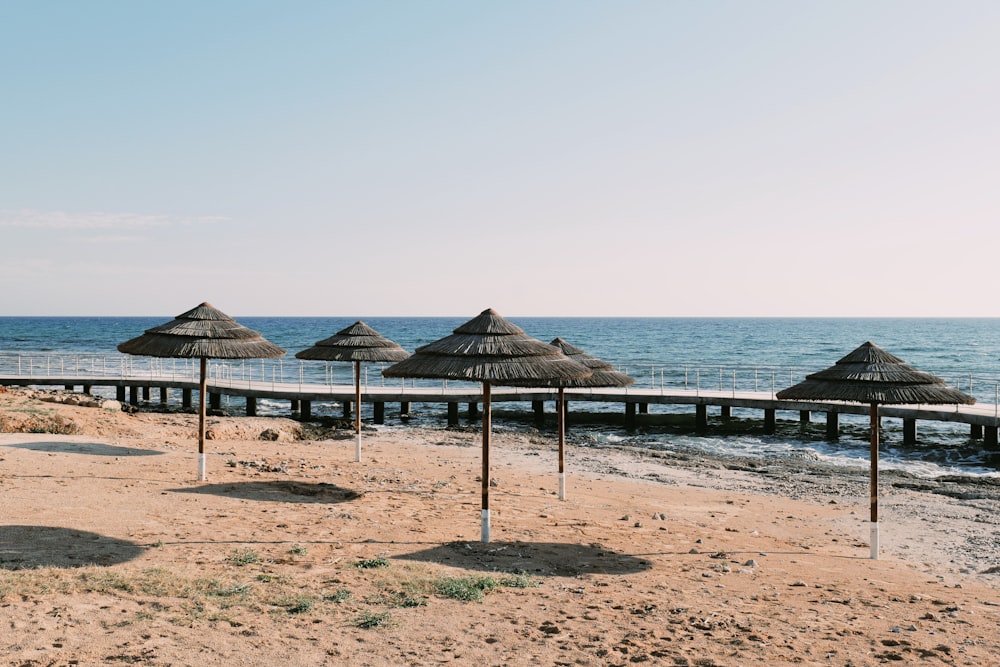 a row of straw umbrellas sitting on top of a sandy beach