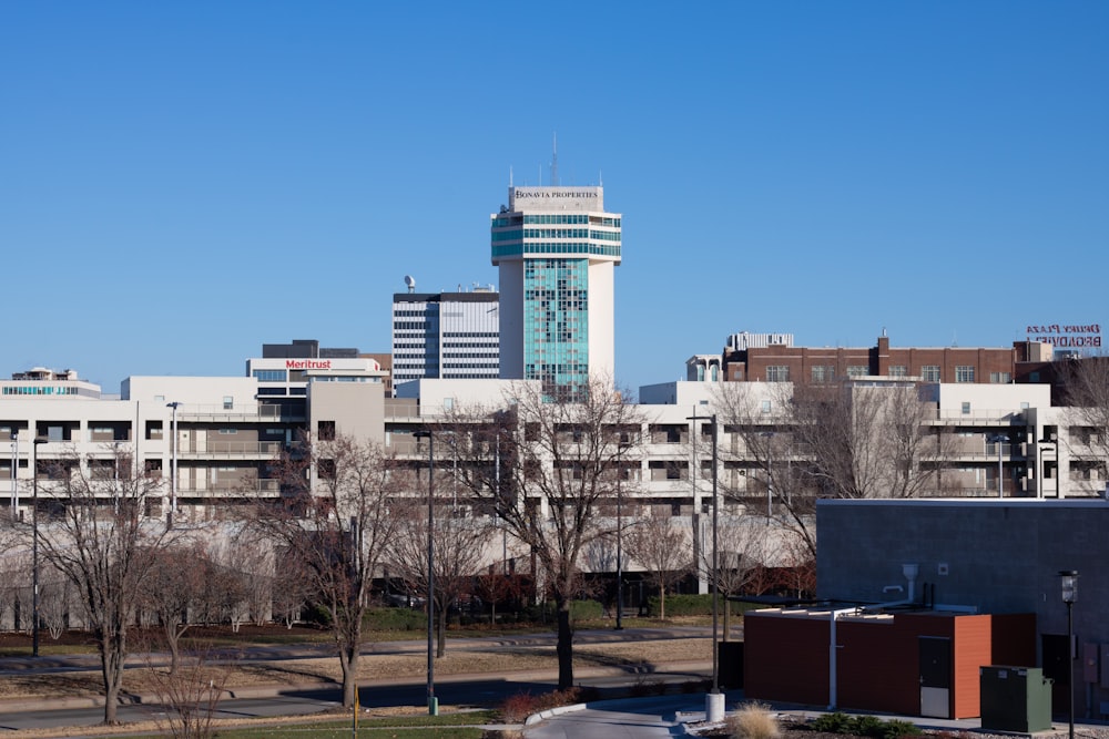 a view of a city with buildings and trees