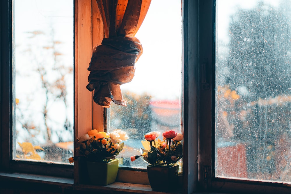 a window sill with flowers in front of it