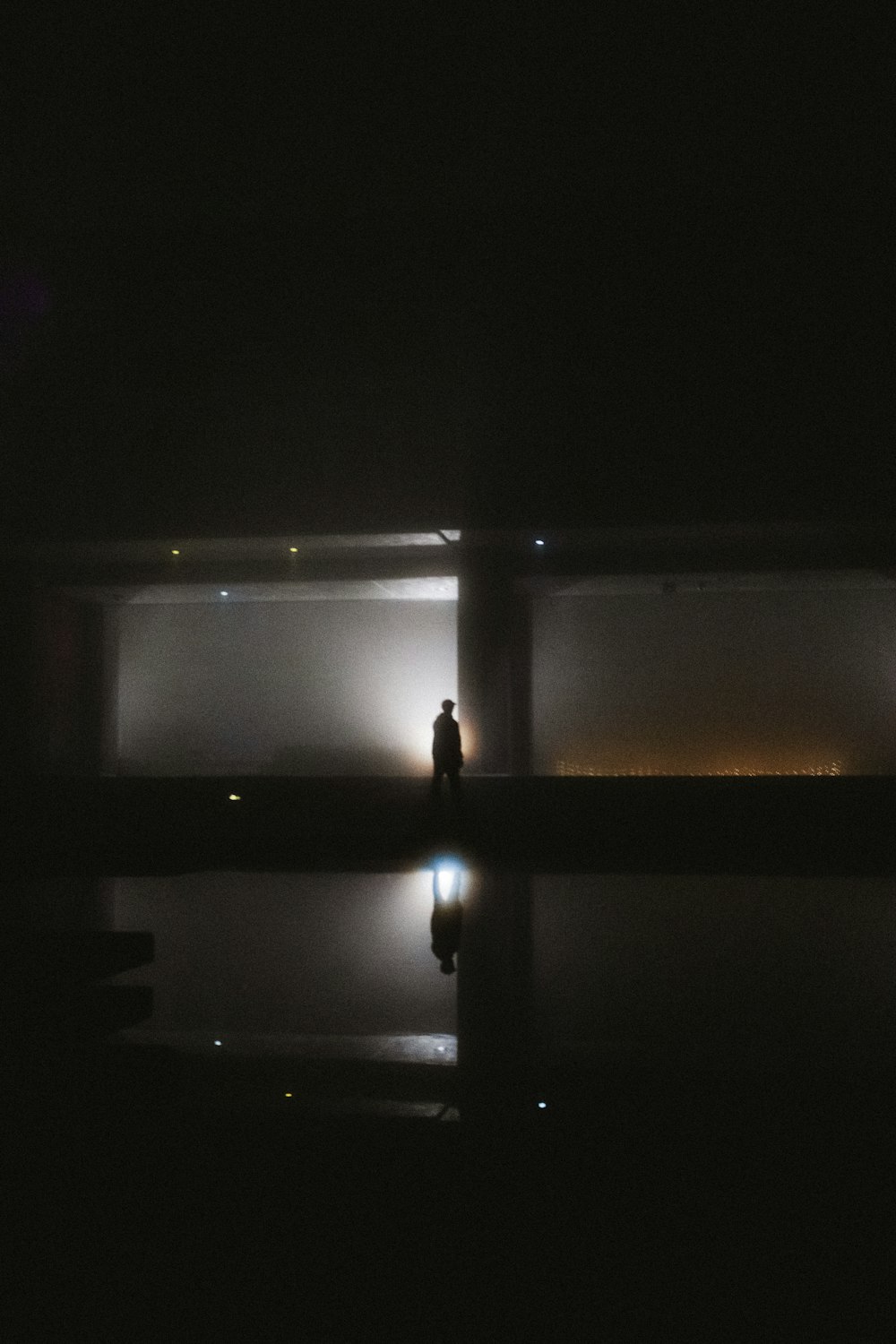 a person standing in the dark near a body of water