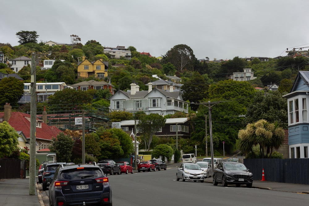 cars are parked on the side of the road