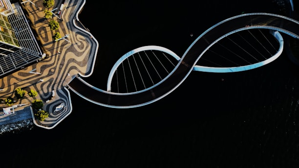 an aerial view of a curved bridge over water
