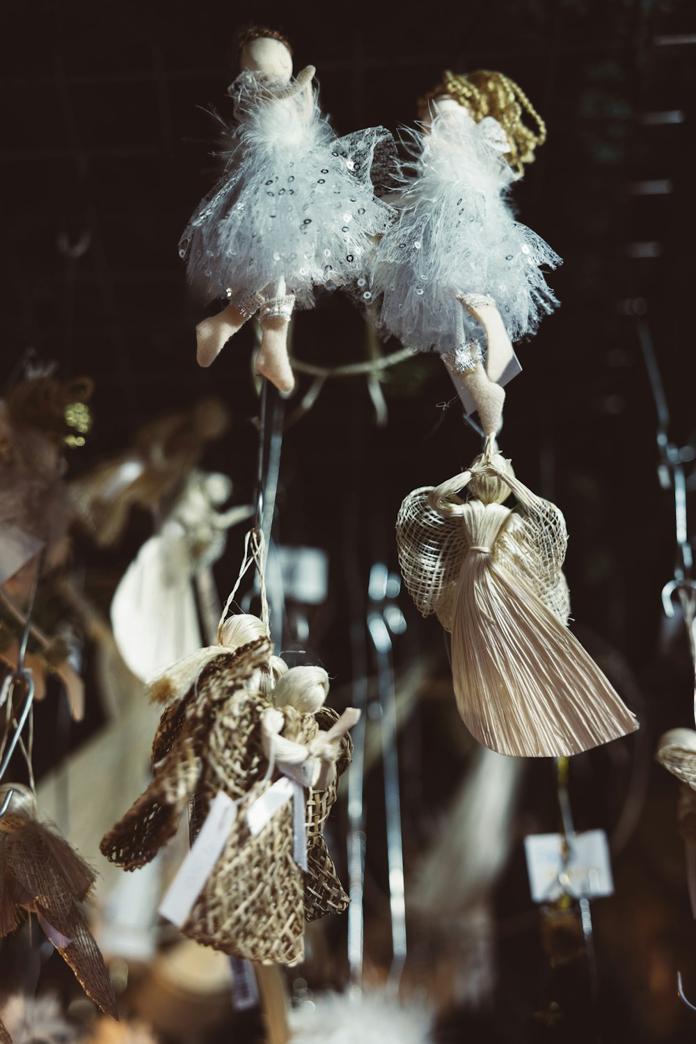 a group of ornaments hanging from a ceiling