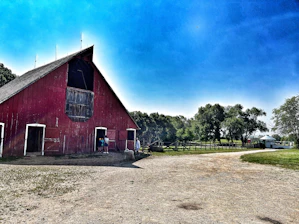 Volunteers caring for animals and engaging with visitors in a warm barn setting.