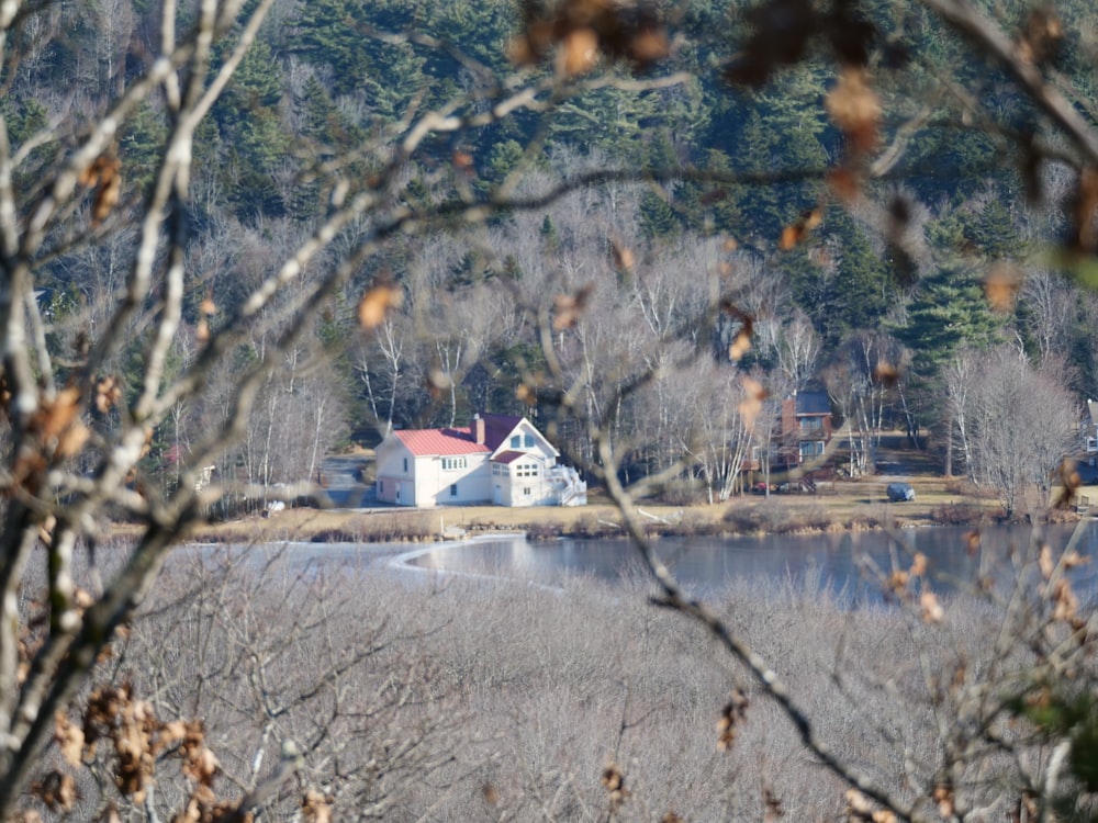 a white house sitting on top of a lush green hillside