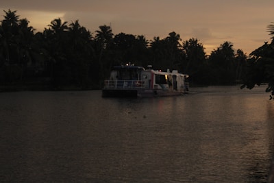A serene Nile river cruise boat gliding past palm-lined banks at dawn.