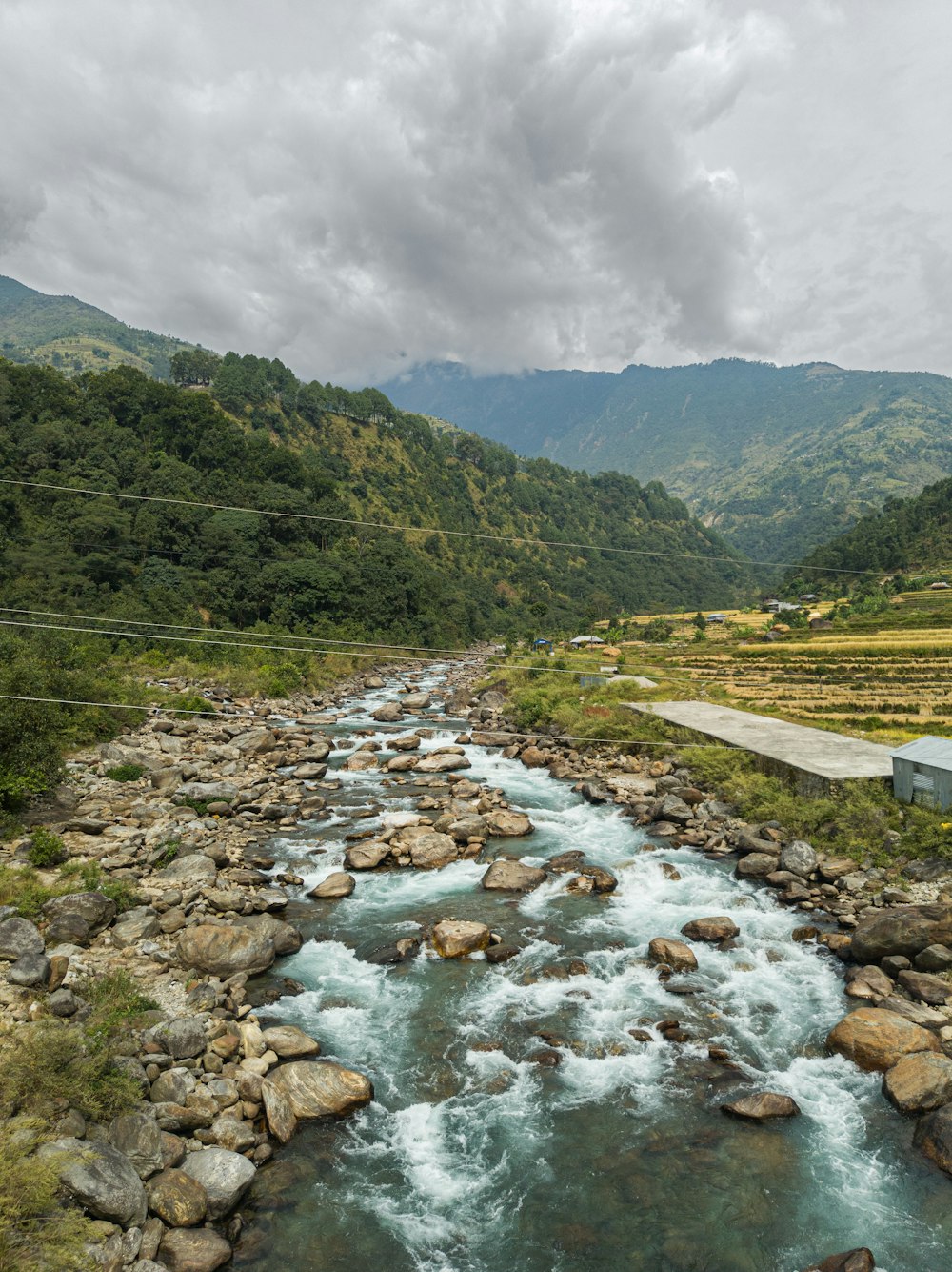 a river running through a lush green valley