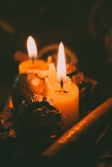 Two lit candles with warm yellow flames stand amidst decorative pine cones and cinnamon sticks, creating an intimate and cozy ambiance.