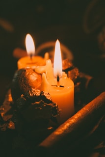Two lit candles with warm yellow flames stand amidst decorative pine cones and cinnamon sticks, creating an intimate and cozy ambiance.