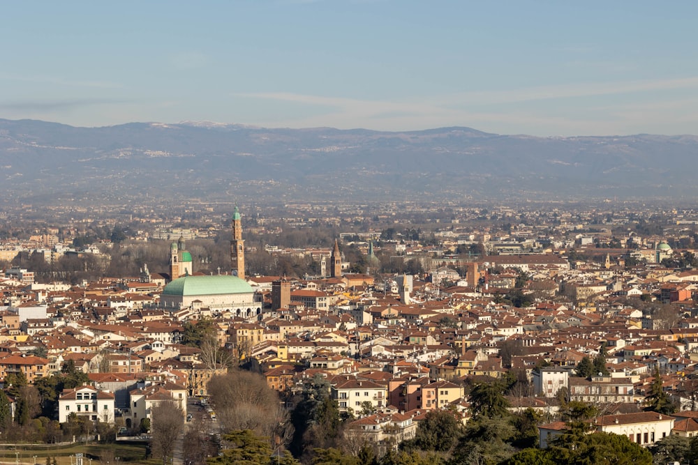 a view of a city with mountains in the background