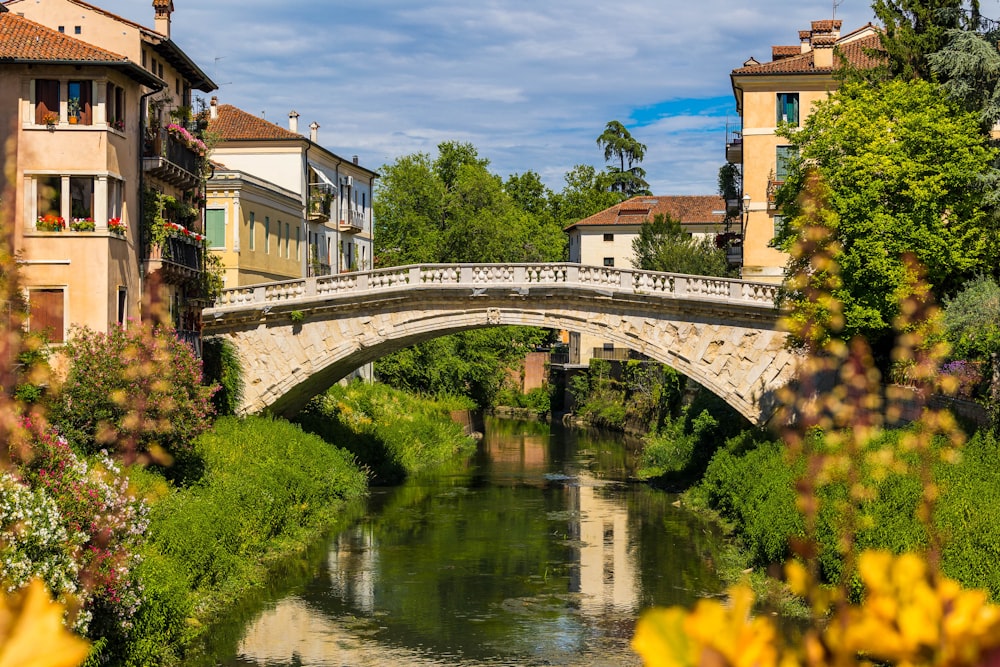 uma ponte sobre um rio em uma pequena cidade