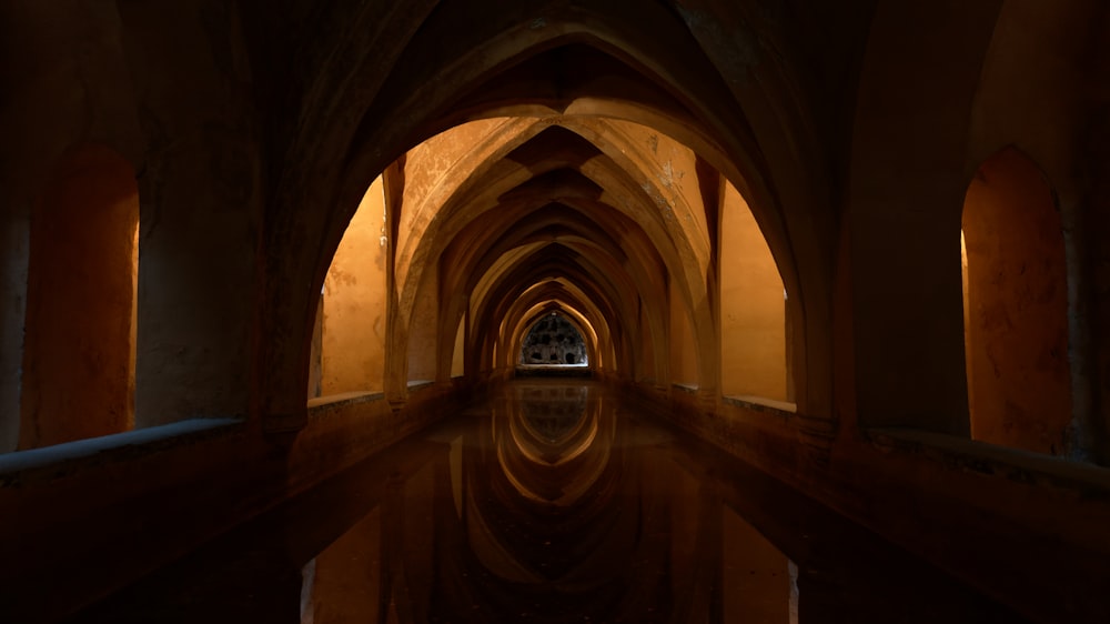 a long hallway with a reflection in the water