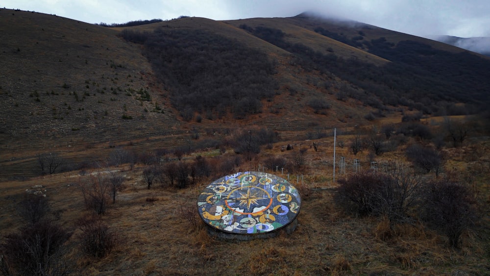 a round object in a field with a mountain in the background