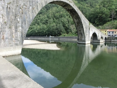 An old stone bridge arching over a calm, reflective river.