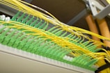 Organized fiber optic cables neatly arranged in a structured wiring panel.