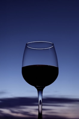 A wine glass filled with red wine is silhouetted against a gradient sky transitioning from blue to light blue with wispy clouds.