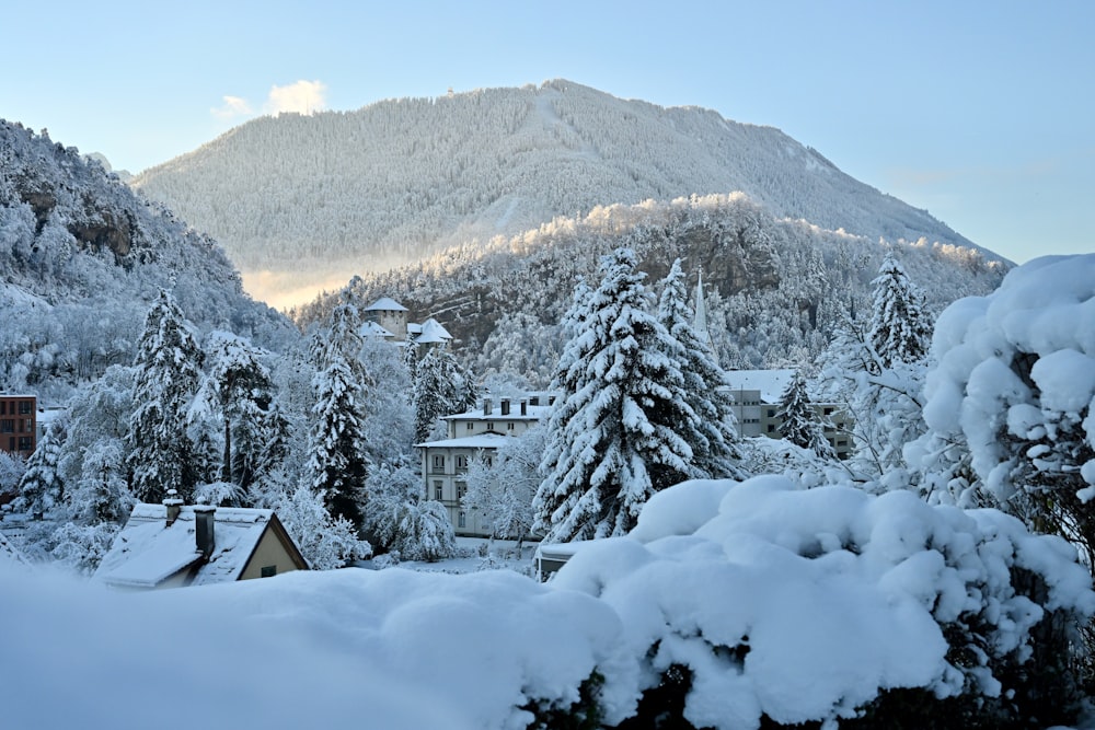 a snow covered mountain with houses in the foreground