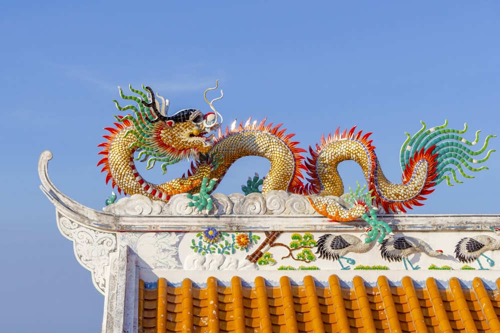 a dragon statue on top of a building