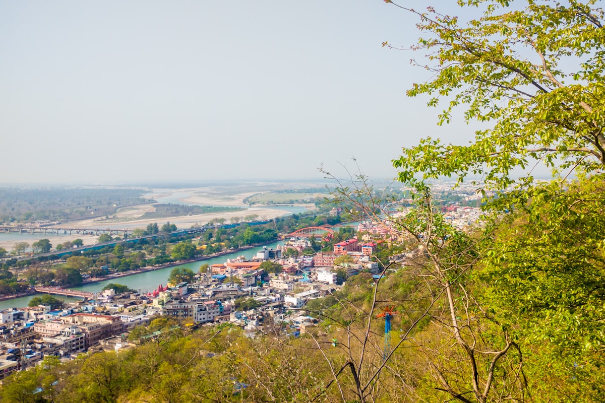 View of Haridwar city and the Ganga river from a temple hilltop