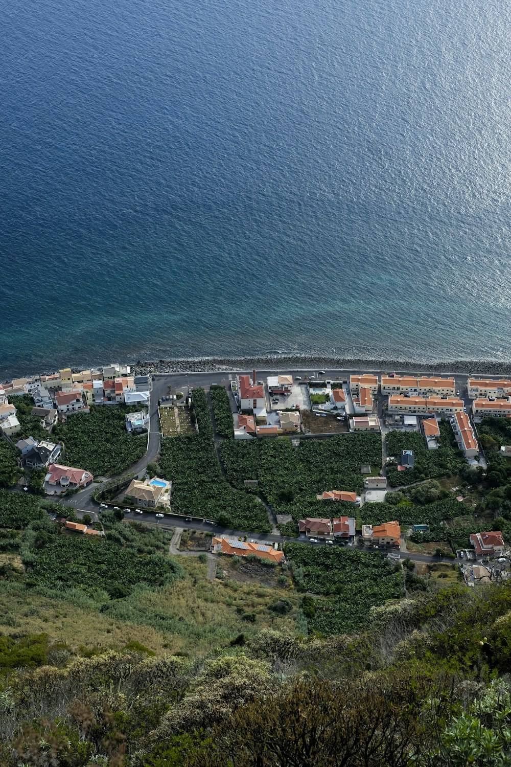 an aerial view of a small town by the ocean