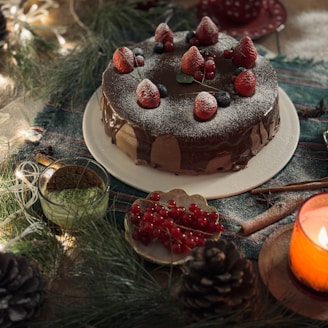 a chocolate cake sitting on top of a table