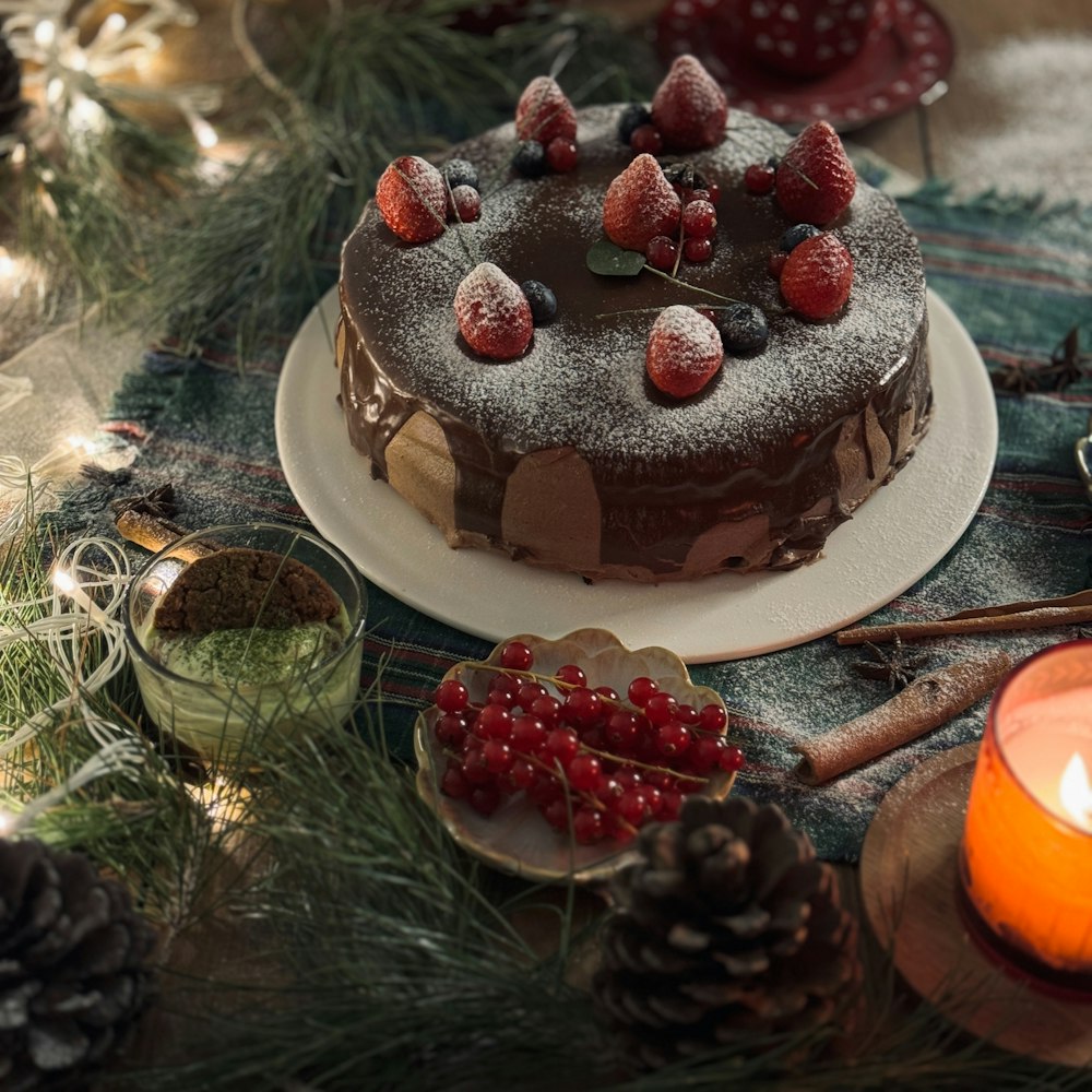 a chocolate cake sitting on top of a table