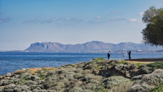 A scenic coastal view with a rocky shoreline covered in green shrubs. Two people are standing near a flagpole with flags, against a backdrop of blue sea and distant mountains under a clear sky.